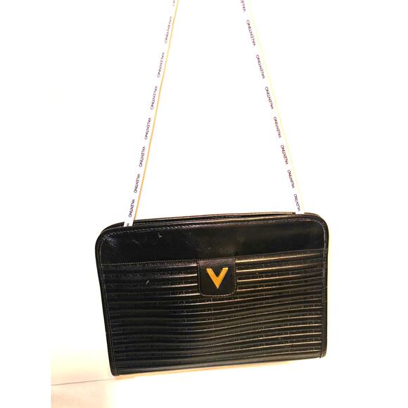 Vintage Valentino Garavani Leather Clutch Shoulder Bag Hand Bag Logo Black - Picture 9 of 11